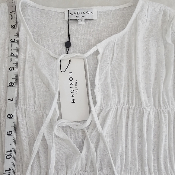 NWT Madison The Label White Linen Boho Peasant Blouse Tie Front Small - Picture 8 of 12